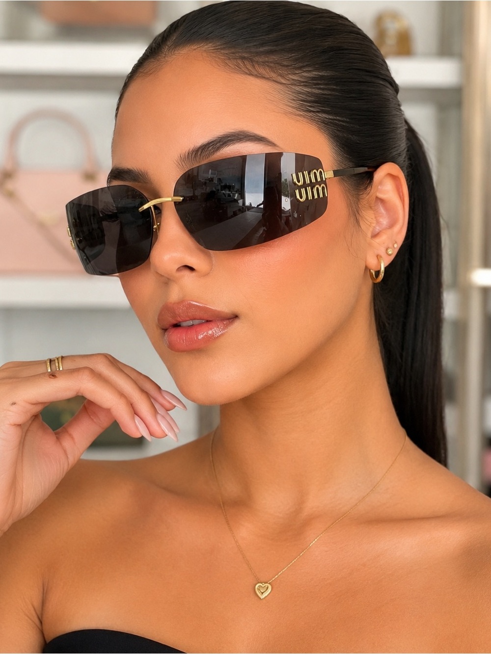 Luxury Gold-Trim Black Rimless Sunglasses - Unbranded